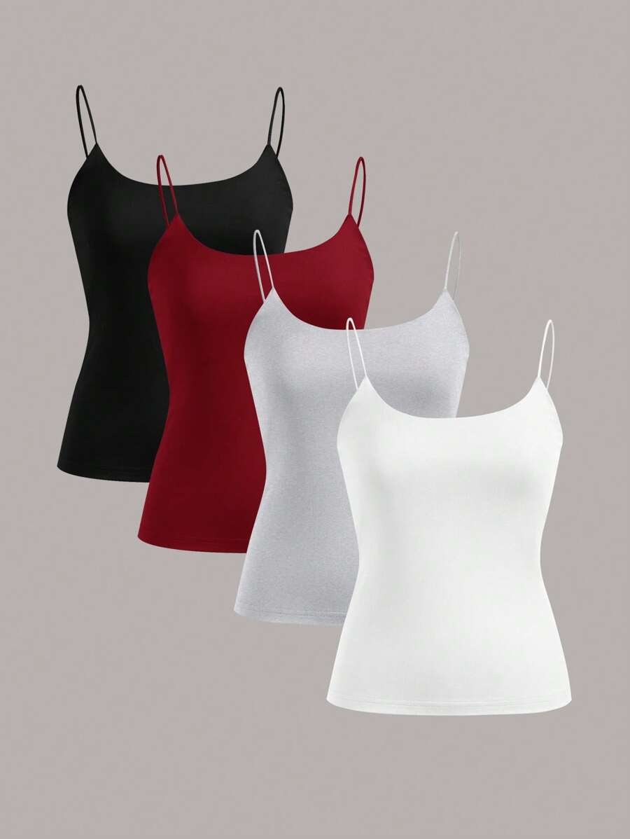 SHEIN EZwear 4 Pcs Basic Camisole Set In Black, Burgundy, Gray, White, Suitable For Spring/Summer Back To School - Multicolor - View 1