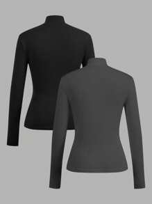 SHEIN EZwear 2 件套女士黑色和深灰色高领长袖紧身打底 T 恤套装 - 彩色 - 查看 2