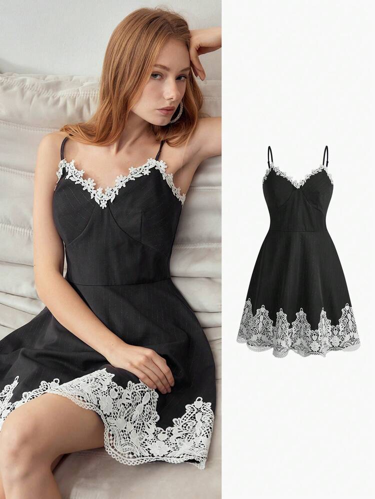 MOTF STUDIO WOMEN V-NECK LACE PATCHWORK SLIP MINI DRESS