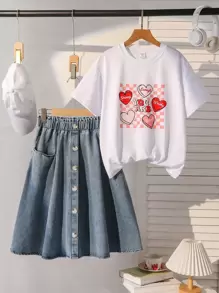 SHEIN Tween Girl Checkerboard Heart Print T-Shirt & Denim Rivet Decorated Skirt Set Summer Holiday - White - View 1
