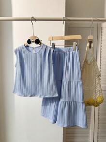 SHEIN 2pcs/Set Young Girl' Korean Style Summer Outfit, Loose Sleeveless Top And Layered Loose Pants, Fashionable Summer Vacation Casual Set - Blue - View 5