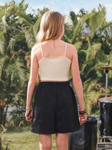 2025 Spring/Summer New Collection Casual & Comfortable Asymmetrical Hem Western Printed Camisole Top Paired With Black A-Line Pants, Tween Girl 2 Pieces Set, Suitable For Daily Wear, Outings, And Family Gatherings