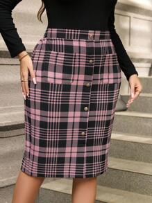 SHEIN Clasi Falda lápiz a cuadros con bolsillo y diseño de botones para mujer de talla grande