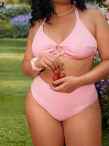 SHEIN Swim Mod 2 件大码女式甜美粉色心形吊带文胸和泳裤泳装套装，假日海滩装，夏季度假 - 粉色 - 查看 7