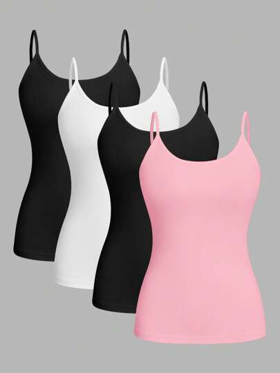 SHEIN EZwear 4pcs Black, White, Pink Casual & Simple Cami Tank Tops For Women, Suitable For Summer Back To School