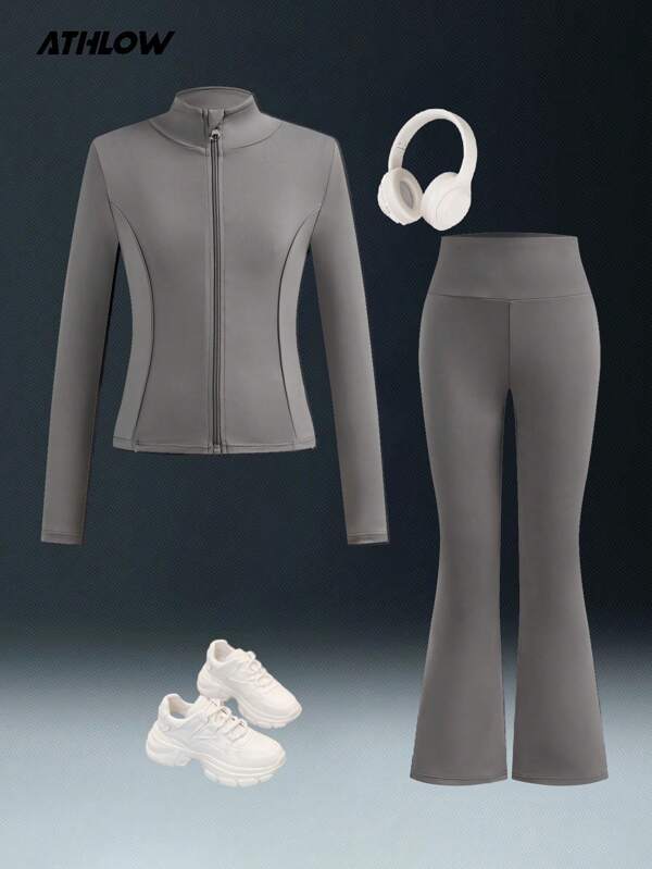 SHEIN Ensemble veste et pantalon évasé pour pré-adolescentes. Vêtements polyvalents et confortables pour le yoga, les sports de plein air, le cyclisme, le tennis, la gym, la randonnée et le camping, en bleu marine