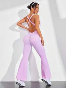 Easithlete Women's Solid Color Cross Back Design Flare Sports Yoga Pants For Daily Workout - Pink - View 4