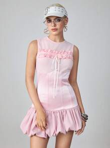 ROMWE Avant Y2K Retro Women Satin Patchwork Ruffle Hem Mini Dress, Athletic Ballet Style - Pink - View 1