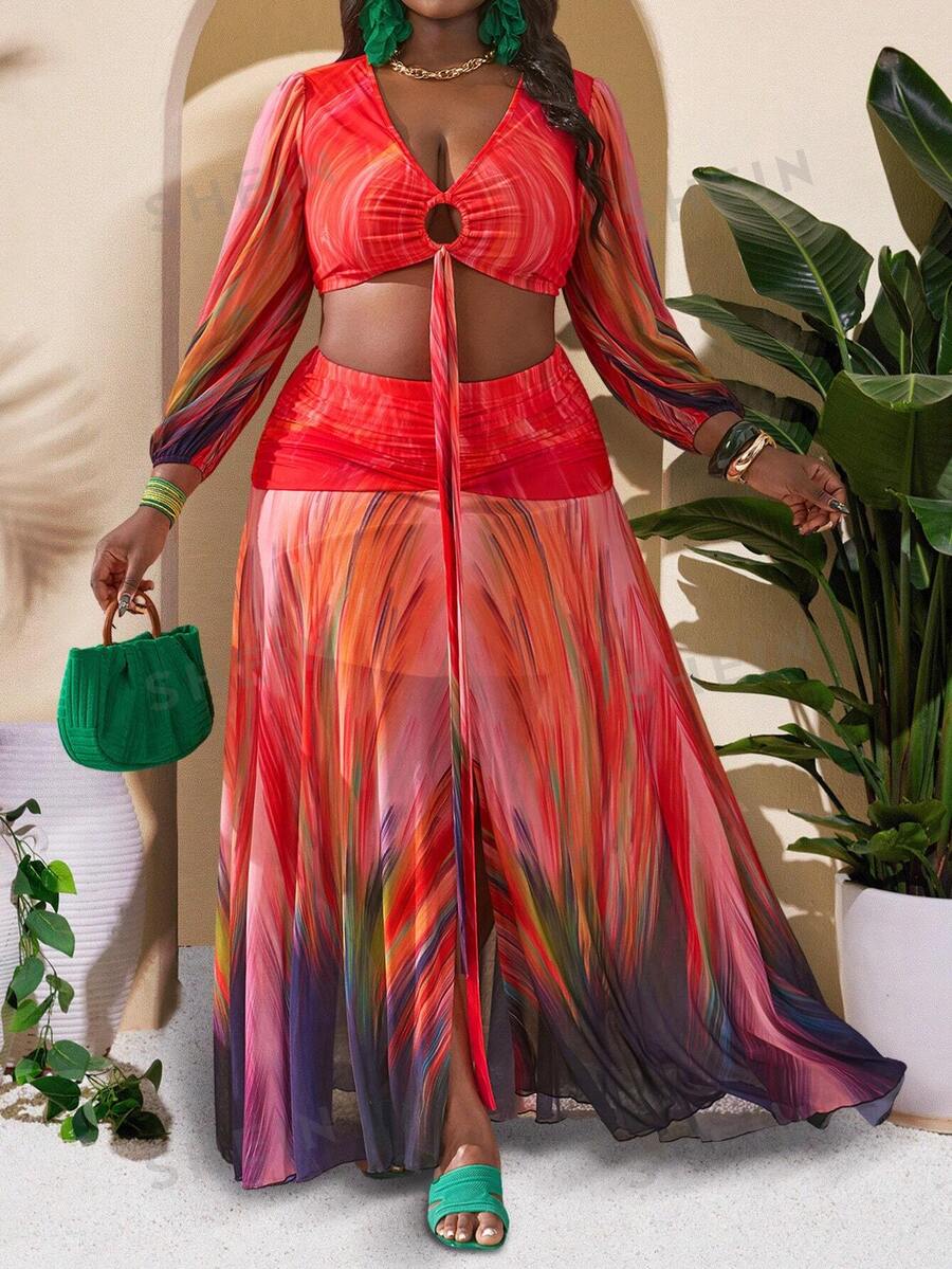 Slaydiva Conjunto de 2 piezas de talla grande para mujer con falda midi de dobladillo con volantes y cuello en V Drapeado, adecuado para vacaciones