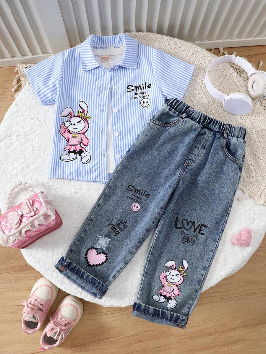 SHEIN 2 件装少女条纹卡通印花短袖衬衫和牛仔裤套装 - 藍色 - 查看 1