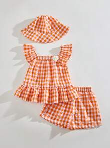 SHEIN Young Girls' Casual Holiday Plaid Elegant Ruffle Sleeve Top + Plaid Shorts + Bucket Hat 3Pcs Set, Spring/Summer - Yellow - View 6