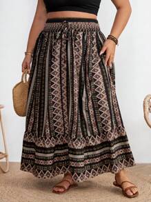 SHEIN CURVE+ Jupe évasée A-Line avec patchwork rayé à nouer à la taille, convient pour les vacances d'été à la plage en mode bohème
