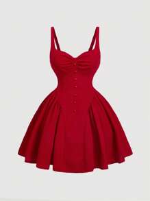 SHEIN MOD Vestido rojo de mujer de talla grande con decoración de busto fruncido, sin mangas y con volantes en el bajo - Rojo - Ver 1