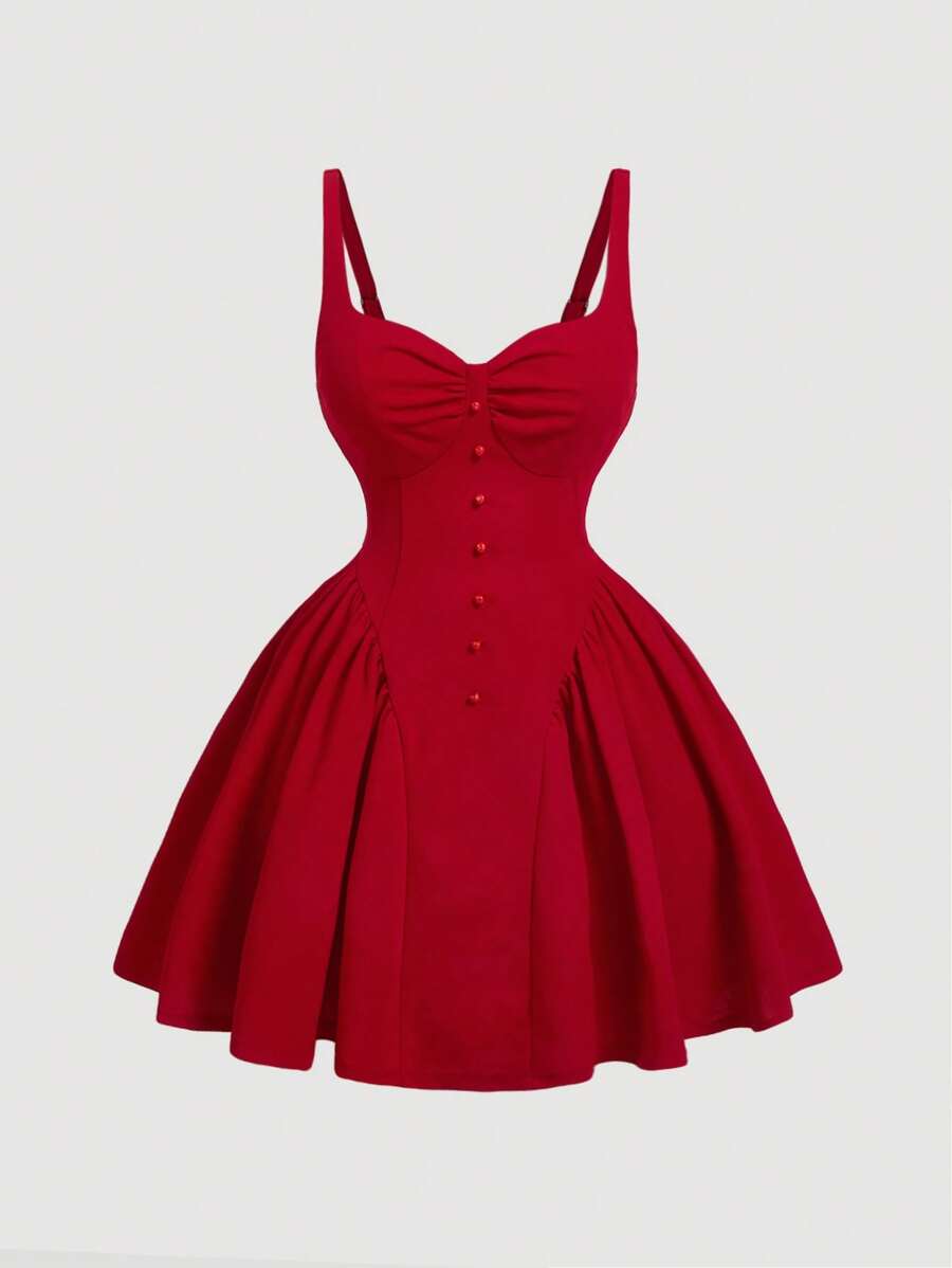 SHEIN MOD Vestido rojo de mujer de talla grande con decoración de busto fruncido, sin mangas y con volantes en el bajo - Rojo - Ver 1
