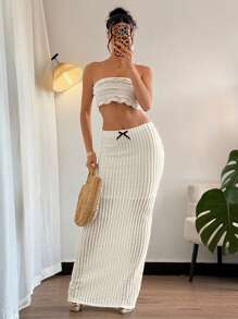 Chiquease 纯色提花蝴蝶装饰针织裙 - 杏色 - 查看 1