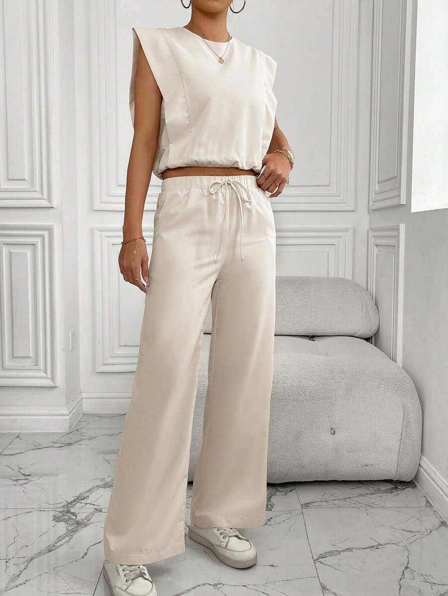 Chiquease 2pcs Women Business Casual Outfit, Simple Fashion Round Neck Top & Elastic Waist Pants For Daily Commute - Apricot - View 1