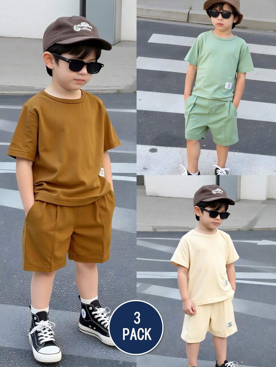 6pcs/Set Young Boy White Text Print Simple Mint Green, Beige Short ...