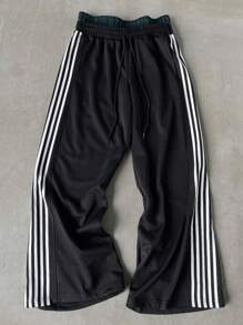 Manfinity Sporsity 3pcs/Set Men's Casual Sports Striped Double Layer Elastic Waist Wide Leg Sweatpants, Autumn Going Out Street Wear Drawstring Color Block Sweatpants, For Husband, Boyfriend Gifts, Men Sets Pants
