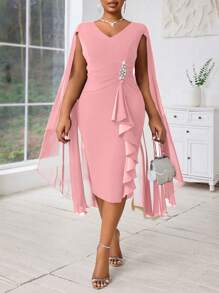 Fleurora 大码女式优雅斗篷结构蓝色透视正式晚礼服秋季女装四季蓝色连衣裙 - 粉色 - 查看 3