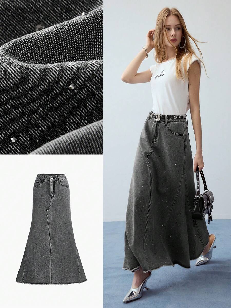 MOTF STUDIO STRASS DETAIL DENIM ROK MET VOOROVERGESNEDEN SNIJDEN