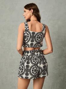 Poéselle 舒适质感，休闲印花短款背心和短裤两件套，夏季度假，波西米亚风