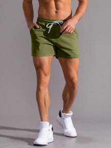 Manfinity Homme Quần short nam cạp chun màu trơn đa năng thường ngày - xanh quân đội - Xem 4