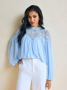 Mykaelle Rosa Áo cánh tay dài cổ giả màu xanh lam đơn giản cho công sở, ren xếp nếp màu trơn, chiffon xanh, công sở - Màu xanh lam - Xem 3