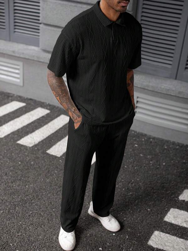 Manfinity Homme Gestrickter strukturierter Herren Aprikot Poloshirt Outfit, Zweiteiliges Outfit für Herren