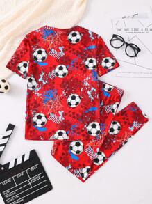 SHEIN Leap Crew Tween Boys Snug Fit Soccer Graphic Crew Neck Short Sleeve Top And Pants Knit Sleepwear 2Pcs Set