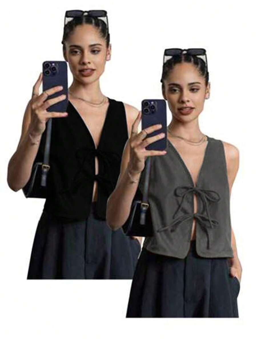 INAWLY 女士系带休闲宽松纯色背心 - 灰色 - 查看 1