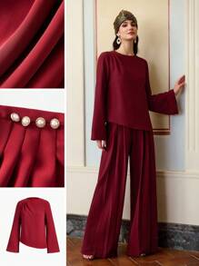 ZEYLAH Chemisier pour dames avec bouton décoratif en perle rouge vin - Rouge foncé - Voir 1