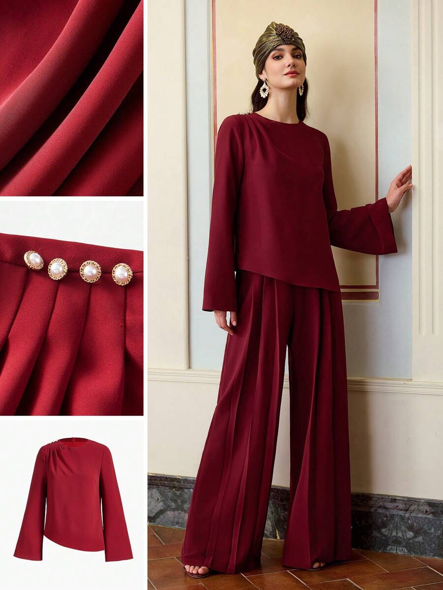 ZEYLAH Chemisier pour dames avec bouton décoratif en perle rouge vin - Rouge foncé - Voir 1