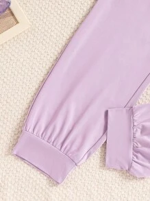 2 件套女孩蝴蝶印花圆领短袖上衣和松紧腰休闲运动裤，夏季轻便服装 - 紫色 - 查看 5