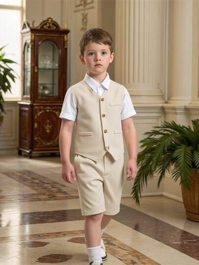 SHEIN Tween Boys Casual Chic Minimalist Suit Vest & Pants, Suitable For Spring/Summer Everyday, Formal Occasions, Parties
