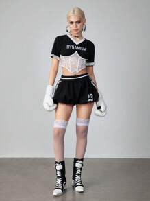 ROMWE Avant Women's Y2K Lace Bra Sports Ballerina Contrast Letter Embroidered T-Shirt - Black - View 2