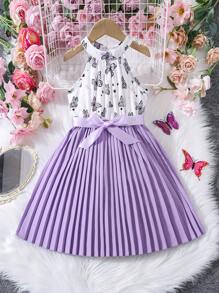 Festival Young Girl Sleeveless Butterfly Printed & Solid Color Pleated Butterfly Top Dress, Showing Her Youthful Vitality, Cute Innocence, Fashionable Personalized And Sweet Traits, Spring/Summer New Princess Dress Gift - Multicolor - View 6