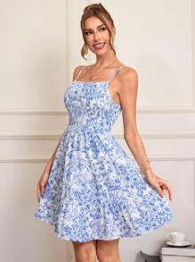 SHEIN VCAY Summer Out Holiday Date Dress, Lady A Put On A Romantic Ditsy Floral Holiday Dress, Summer Holiday Beach Dress, Back-To-School Dress, Very Simple Dress, Office Dress, Old Money Dress, Teacher Dress, Dating Dress, Blue And White Dress, Going Out To Attend The Wedding Season Bestie Afternoon Tea Party Holiday Dress, Going Out To Attend The Music Festival Dress - Multicolor - View 4