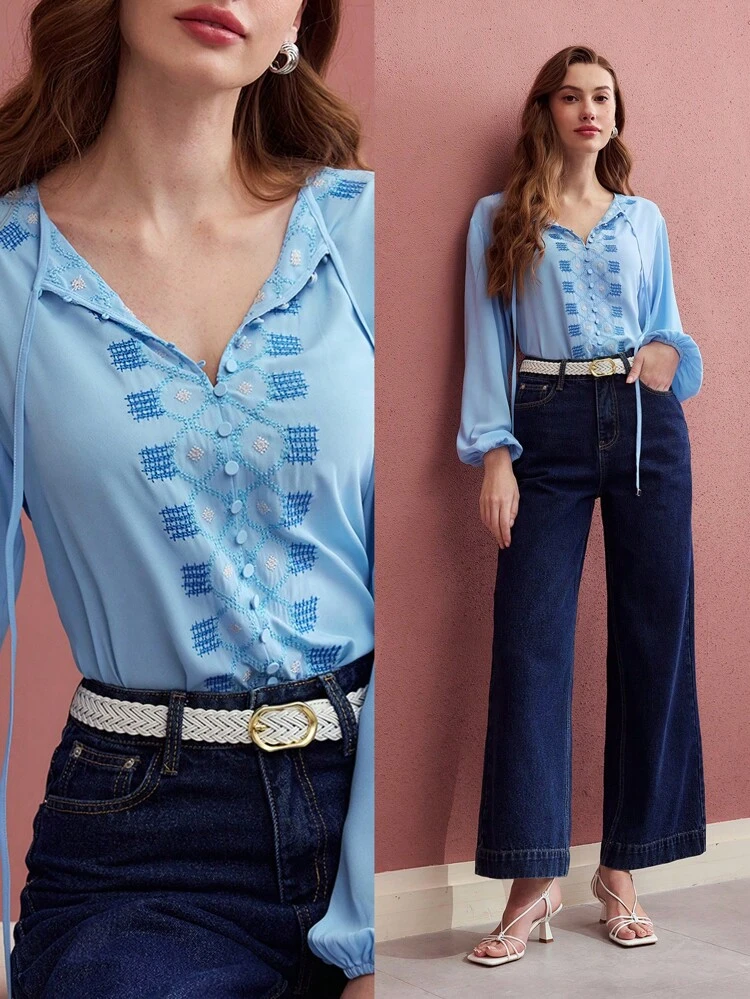 EMBROIDERY TIE NECK BLOUSE
