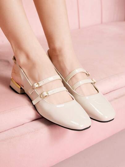 Women's Beige Closed Toe Backless Mule Heels, Chunky Heel Formal Work Shoes, Low Heel Dress Flats