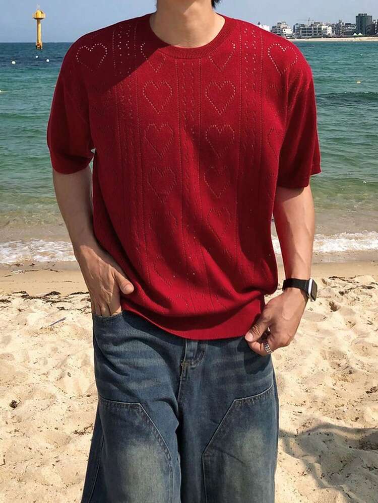 Men's Red Printed Jacquard Knitted Sweater, Summer
