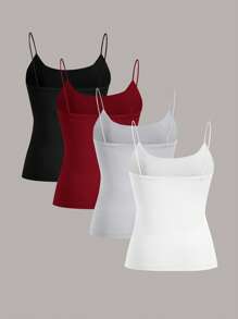 SHEIN EZwear 4 Pcs Basic Camisole Set In Black, Burgundy, Gray, White, Suitable For Spring/Summer Back To School - Multicolor - View 2
