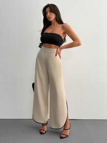 EURMUSE 女士纯色针织西装裤，撞色绑带细节，开衩下摆，时尚办公室女士优雅外出