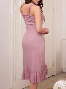 SweetSlumber 1pc Women Solid Color Net Ruffle Ribbed Camisole Nightgown