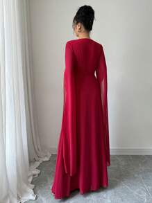 Rafferiza 优雅日常连衣裙，V 领，金色蕾丝边，收腰，A 字形，透明雪纺长袖，红色，女士，春夏 - 紅色 - 查看 2