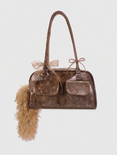 Grunge Punk 1pc Brown Marat Style PU Leather Women Shoulder Bag With Fluffy Butterfly Charm Decor