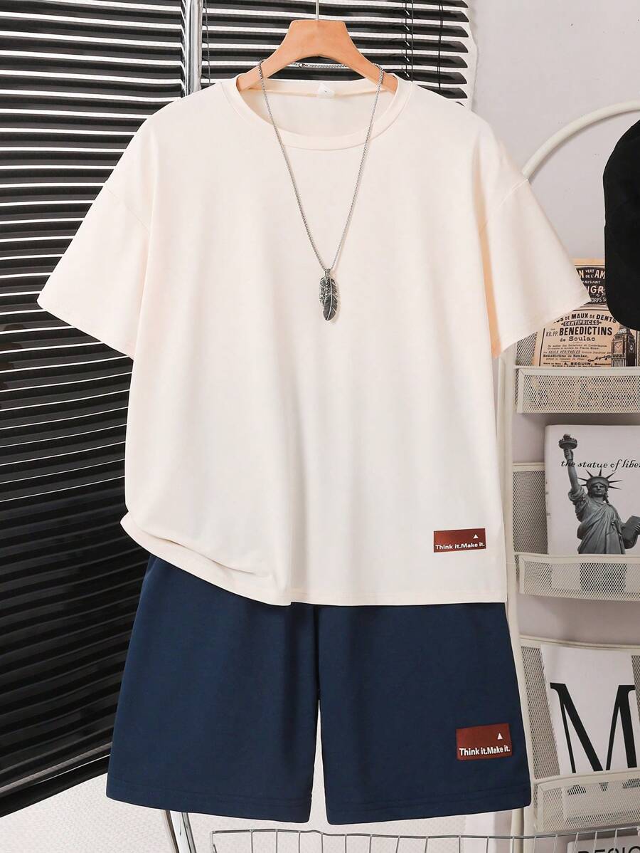 SHEIN 青少年男孩休闲舒适连帽衫和裤子套装 - 杏色 - 查看 1