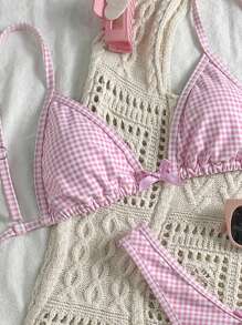 Swim Mod Beach Summer Outfits For Women: 2pcs Random Plaid Spaghetti Strap Cute Bow Bikini Set - Pink - View 3