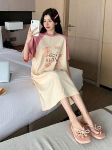 DAZY Cute Pattern Print Contrast Color Raglan Sleeve Loose Women Summer Nightgown