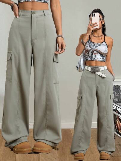 SHEIN EZwear Pantalones tipo paracaídas, con bolsillos, pierna ancha y estilo baggy, de color verde cargo, para mujer, en Y2K, para primavera y verano