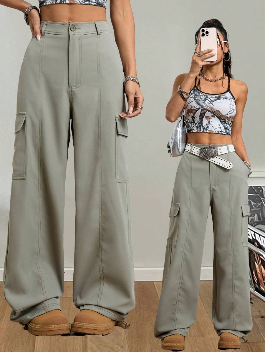 SHEIN EZwear 女式春夏 Y2K 时尚街头装工装绿色带口袋宽腿宽松降落伞裤 - 薄荷綠 - 查看 1
